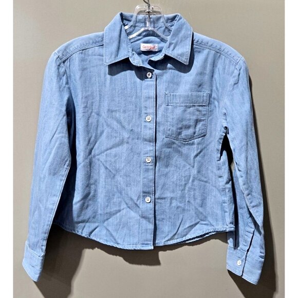 Cat & Jack Girls' Light Wash Blue Denim Button Front Long Sleeve Shirt - Picture 1 of 4